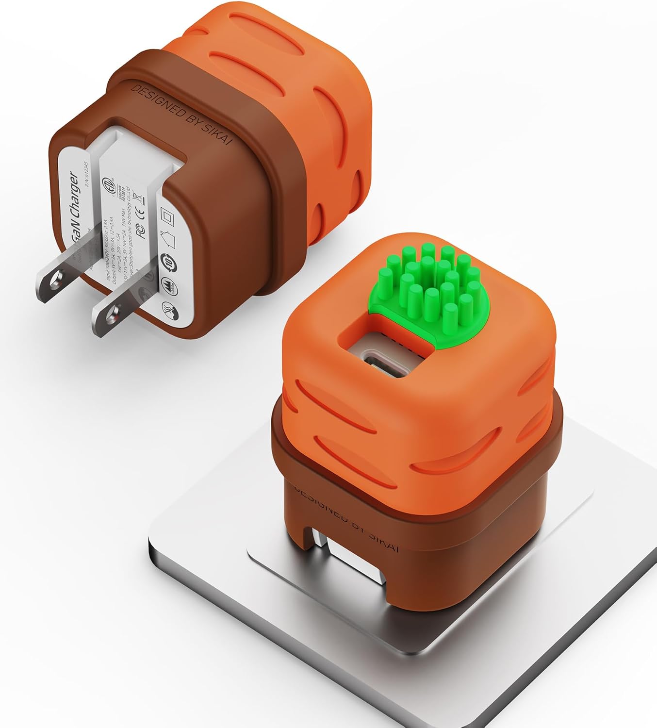 USB C Charger Adapters with Carrot Silicone Case, PD33W Foldable USB C Charger Fast Charging for iPhone 16/15 Series, iPad, Galaxy, Scratch Resistant with Precise Cut-Out