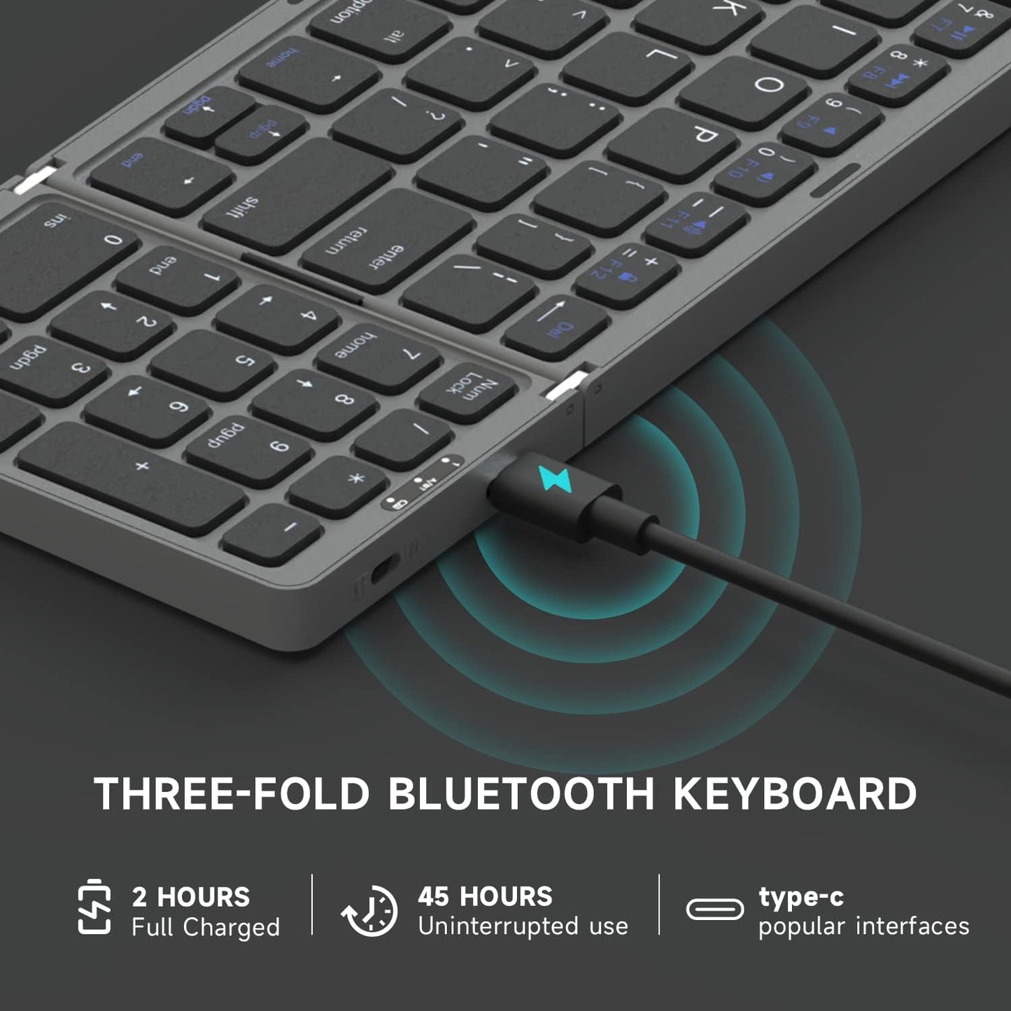 Portable Bluetooth Foldable Keyboard with Numeric Keypad, Rechargeable Travel Keyboard for Laptop, Tablet, iPad, Phones (Gray)
