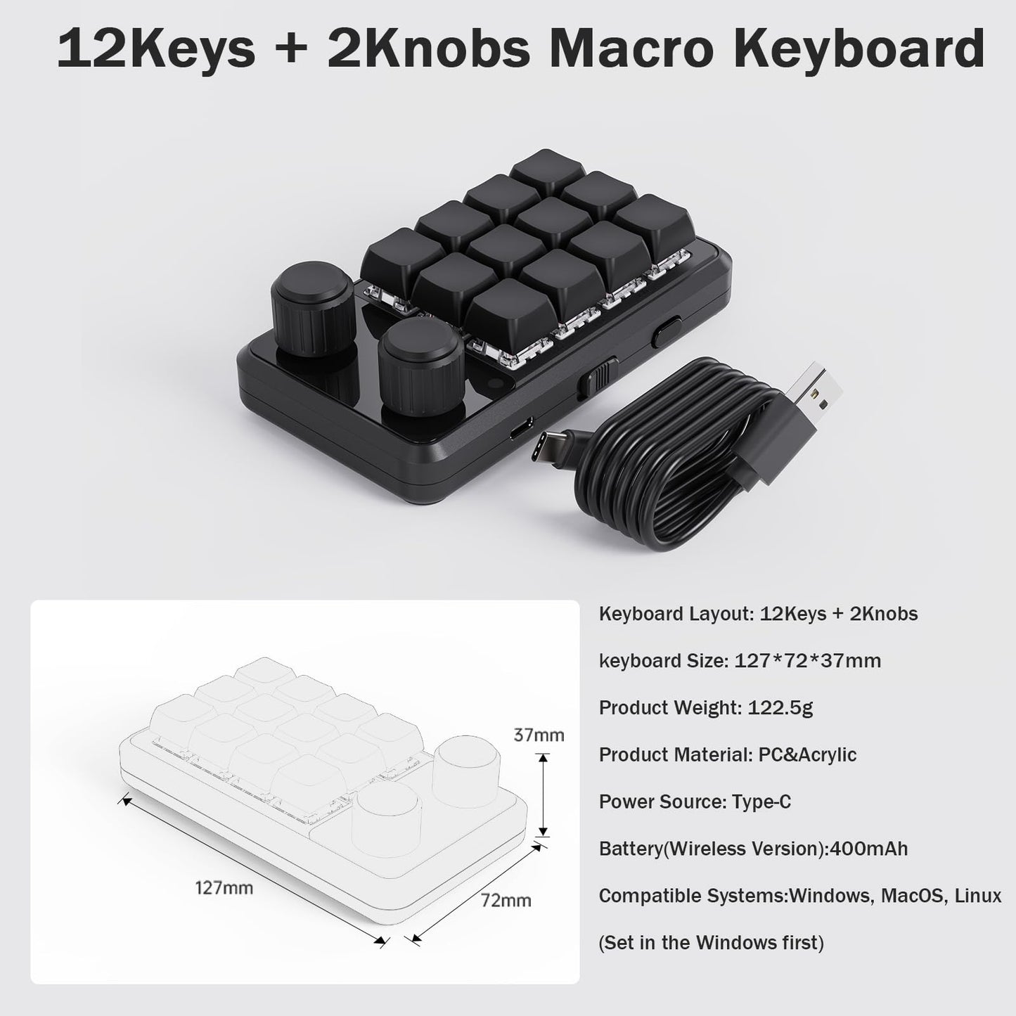 One-Handed Macro Mechanical Keyboard - 12 Keys, Fully Programmable, RGB Hotswap for Gaming, OSU, PS, Editing (2.4G, 3-Layer, Black)
