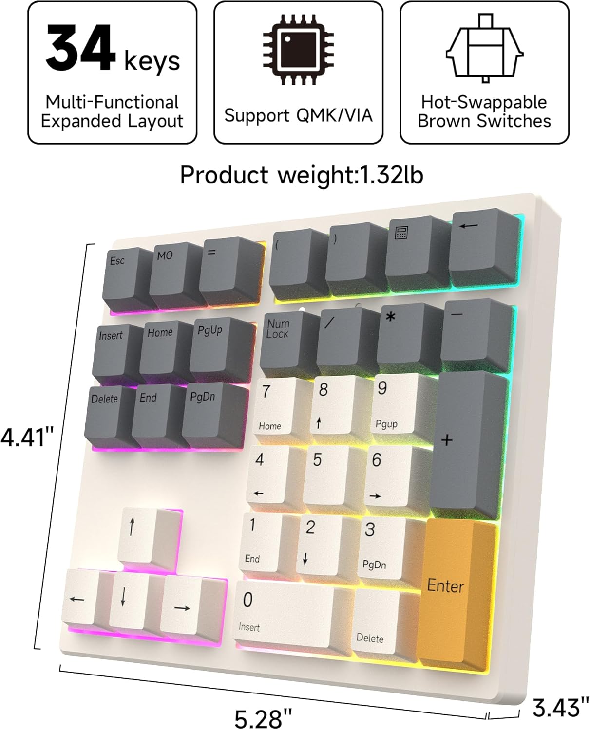 SIKAI CASE 34 Key Mechanical Numpad, Wired Hot Swappable Programmable Number Pad Keyboard USB C 34 Key Numpad for Laptop Edit/PS/Gaming/Data Entry, VIA Support Number Pad for Win, MacBook, PC(RGB)