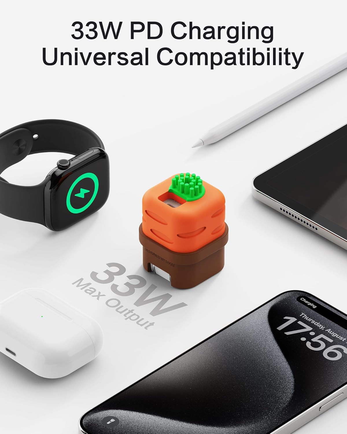 USB C Charger Adapters with Carrot Silicone Case, PD33W Foldable USB C Charger Fast Charging for iPhone 16/15 Series, iPad, Galaxy, Scratch Resistant with Precise Cut-Out
