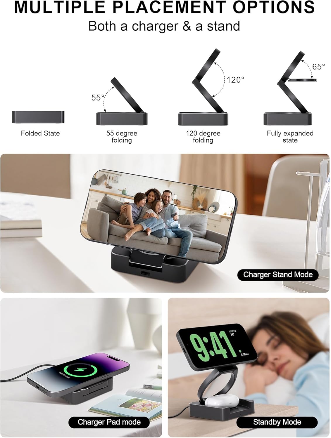 3-in-1 Wireless Charging Station, Qi2-Certified Foldable Travel Charger Stand Compatible iPhone 15/14/13/12, AirPods, Apple Watch S9 Ultra, 25W PD Charger Included