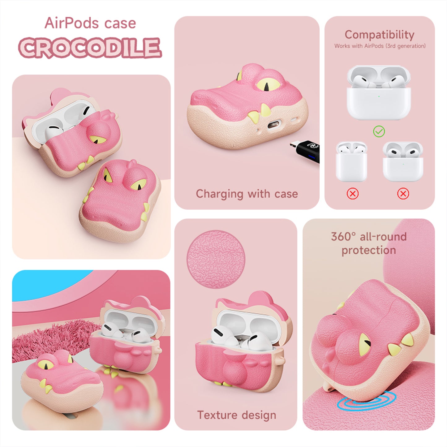 SIKAI 100% Recycle Super Cute Pinky Crocodile Silicone Case For Airpods Pro 1 2 Airpods 3 Protective Cover Earphone Case For Air Pods Pro  BUY 1 GET 1 FREE