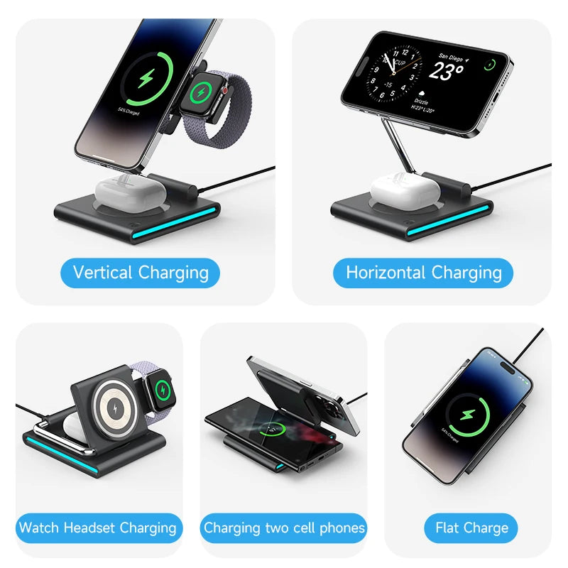 Foldable RGB Wireless Charger for iPhone 15 14 13 12 Pro LED Dock Station for Apple Watch S9 Ultra 2 AirPods Pro IWatch Holder SIKAI CASE