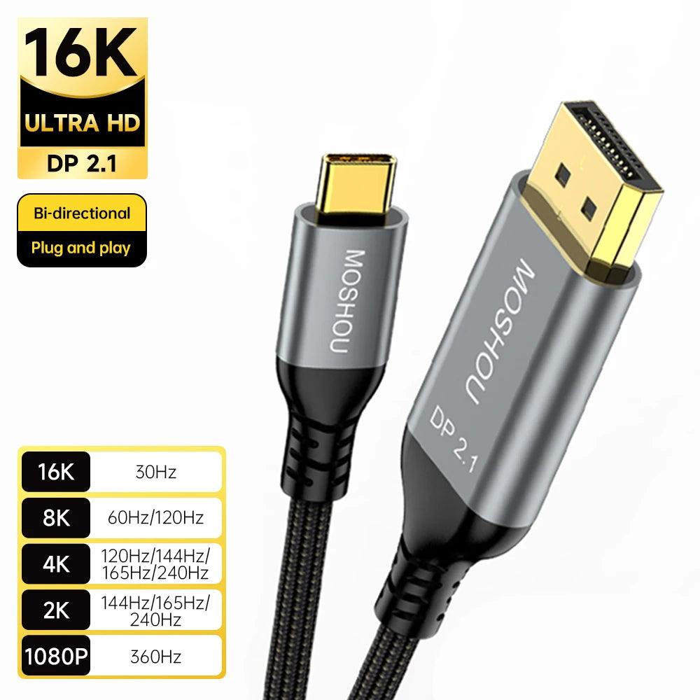 MOSHOU USB C to DisplayPort 2.1 Cable 16K@30Hz 8K@60Hz 40Gbps Thunderbolt 4/3 Type C to DP 2.1 Cable for MacBook Pro/Air SIKAI CASE