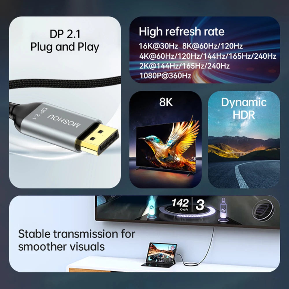 MOSHOU USB C to DisplayPort 2.1 Cable 16K@30Hz 8K@60Hz 40Gbps Thunderbolt 4/3 Type C to DP 2.1 Cable for MacBook Pro/Air SIKAI CASE