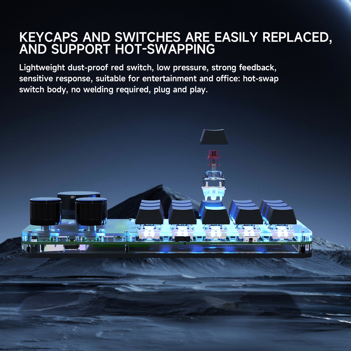 Hot-swappable red switches and RGB lighting on 15-key mini keyboard