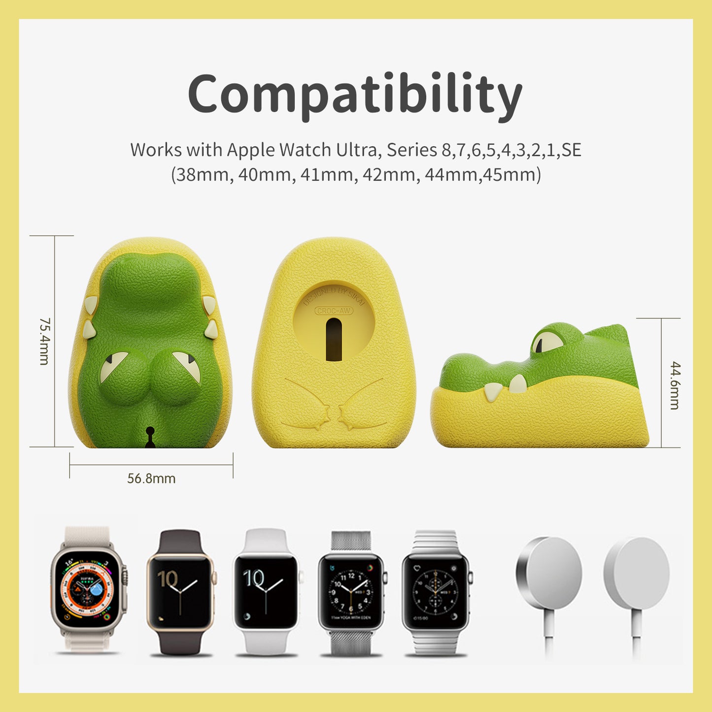 SIKAI Cute Crocodile Charger Stand Compatible with Apple Watch Series 8/7/6/SE/5/4/3/2/1 (45mm, 44mm, 42mm, 41mm, 40mm, 38mm), Skin-Friendly Silicone, Nightstand Mode, Home/Office Use, Ideal Gift SIKAI CASE