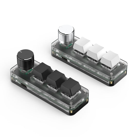 Black and white SikaiCase 3-key macro pads with rotary knobs