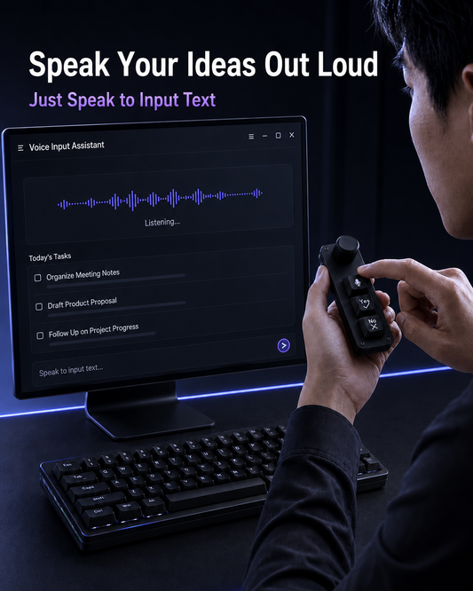 PicoKey voice input macro pad used beside a computer for AI-assisted work