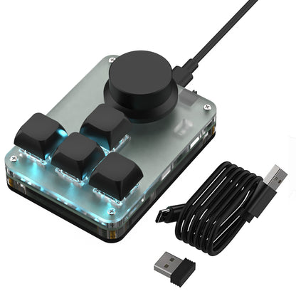 Wireless black 4-key mini keyboard with USB-C cable and 2.4G receiver