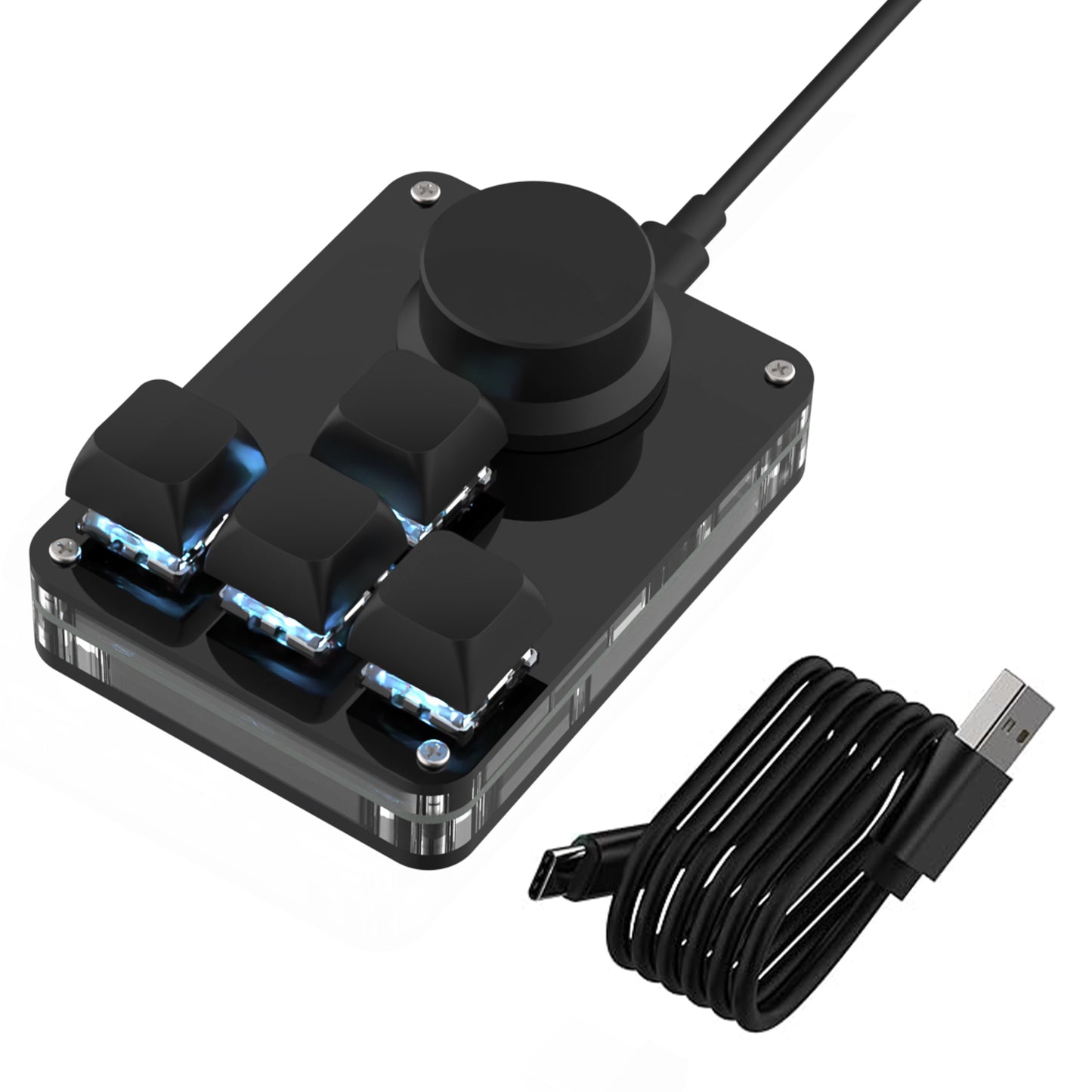 Wired black 4-key mini keyboard with USB-C cable