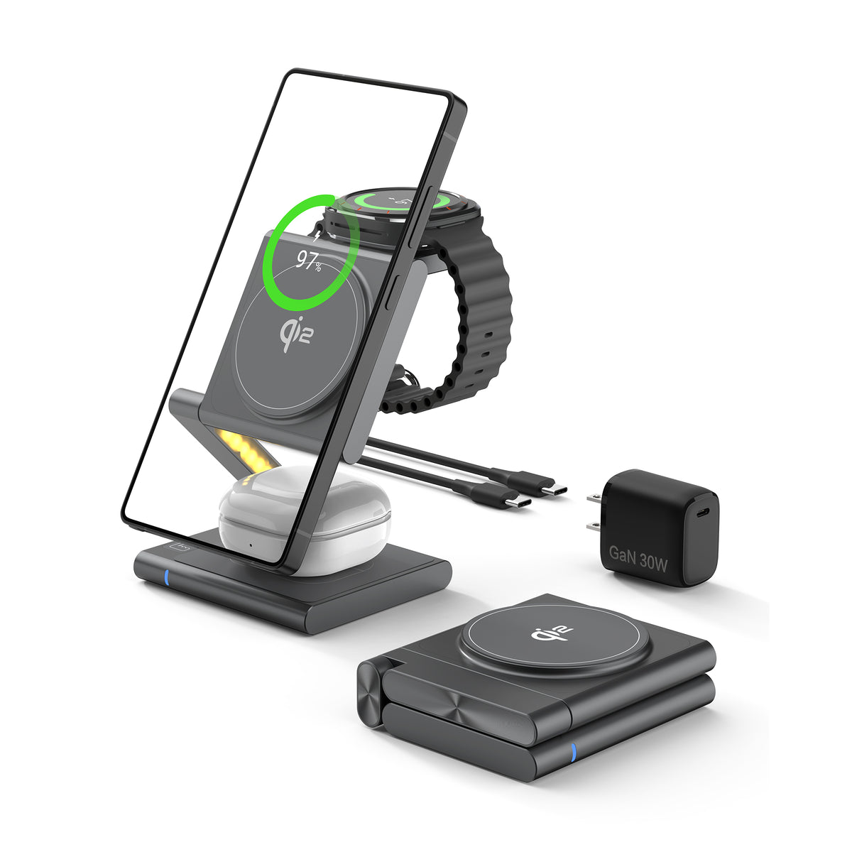 Four-in-one wireless charging station holding Samsung phone and Galaxy Watch