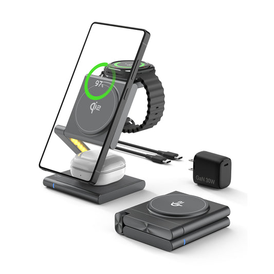 Four-in-one wireless charging station holding Samsung phone and Galaxy Watch