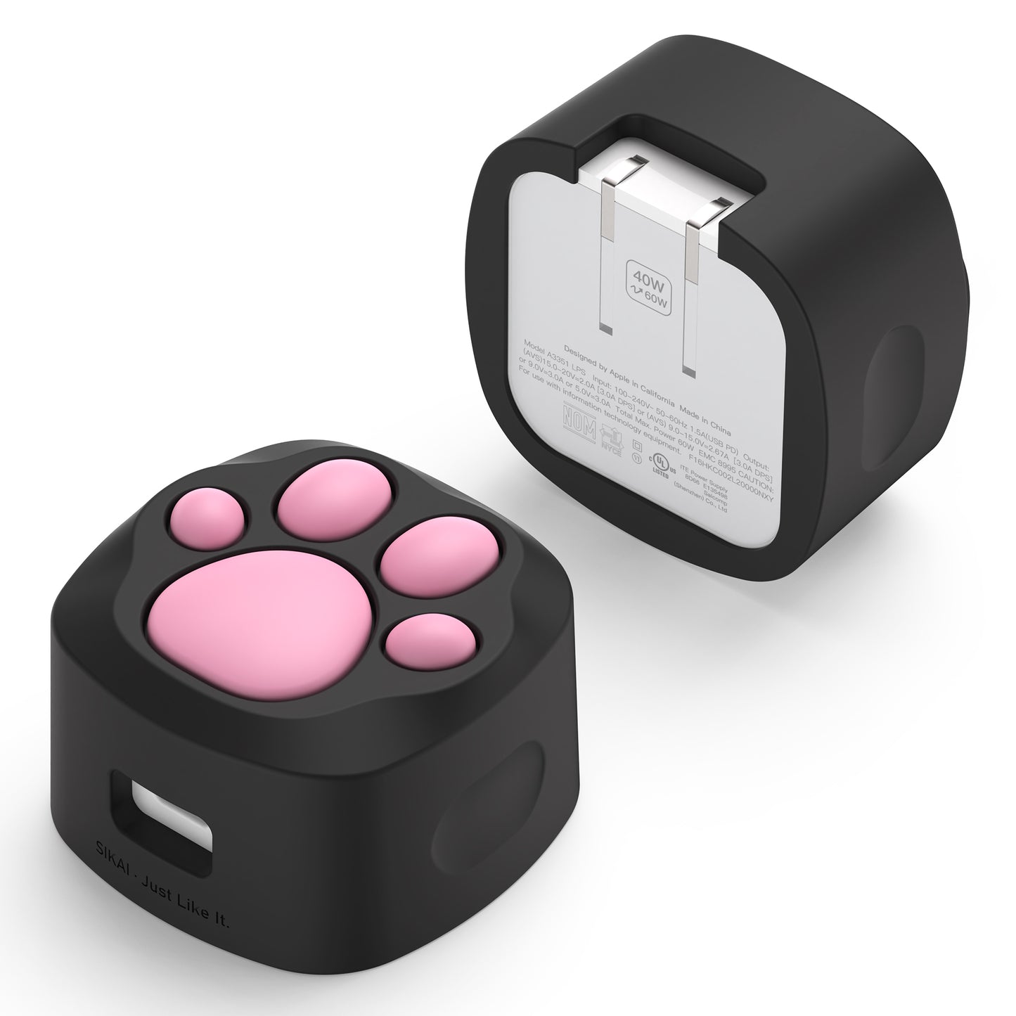 Black and pink cat paw silicone case for Apple 40W Dynamic Power Adapter