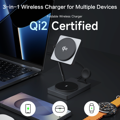 Qi2 Wireless Charger for Samsung, 3 in 1 Wireless Charging Station for Samsung Galaxy S25 S24 Ultra/S23 Ultra/S22/S21/Note 20/Z Flip 6/Fold 6, Charger for Samsung Galaxy Watch Ultra/7/6/5, Galaxy Buds 2/2 Pro