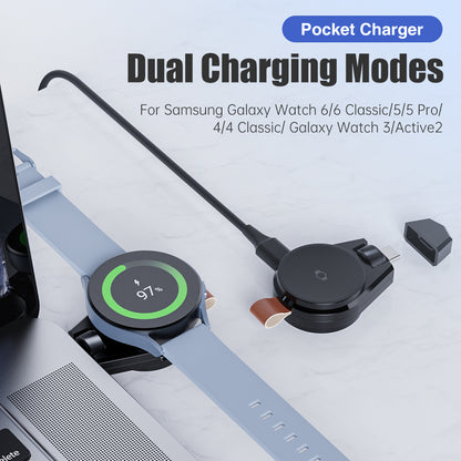 Portable Charger for Samsung Galaxy Watch - 2-in-1 USB-C Travel Charger, Compatible with Galaxy Watch Series, Rotatable Magnetic [OTG], Black