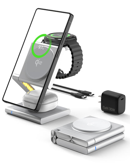 4 in 1Wireless Charger for Samsung Wireless Charging Station for Samsung Galaxy S25 S24 Ultra/S23 Ultra/S22/S21/Note 20/Z Flip 6/Fold 6, Charger for Samsung Galaxy Watch Ultra/7/6/5, Galaxy Buds 2/2 Pro