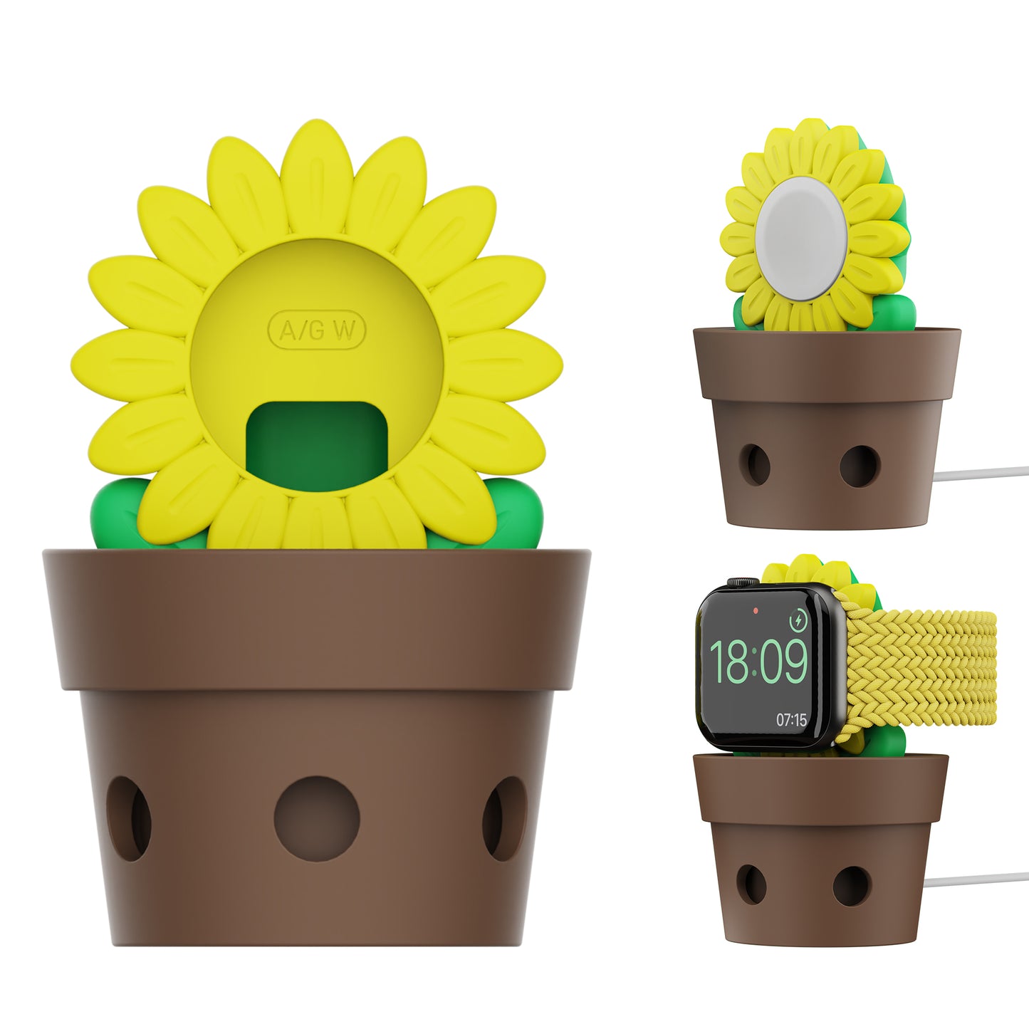 Sunflower Apple Watch charger stand shown from front rear and charging angles