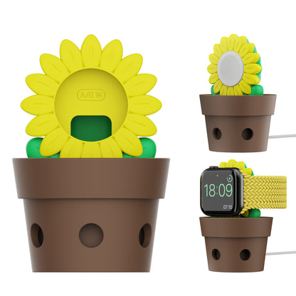 Sunflower Apple Watch charger stand shown from front rear and charging angles