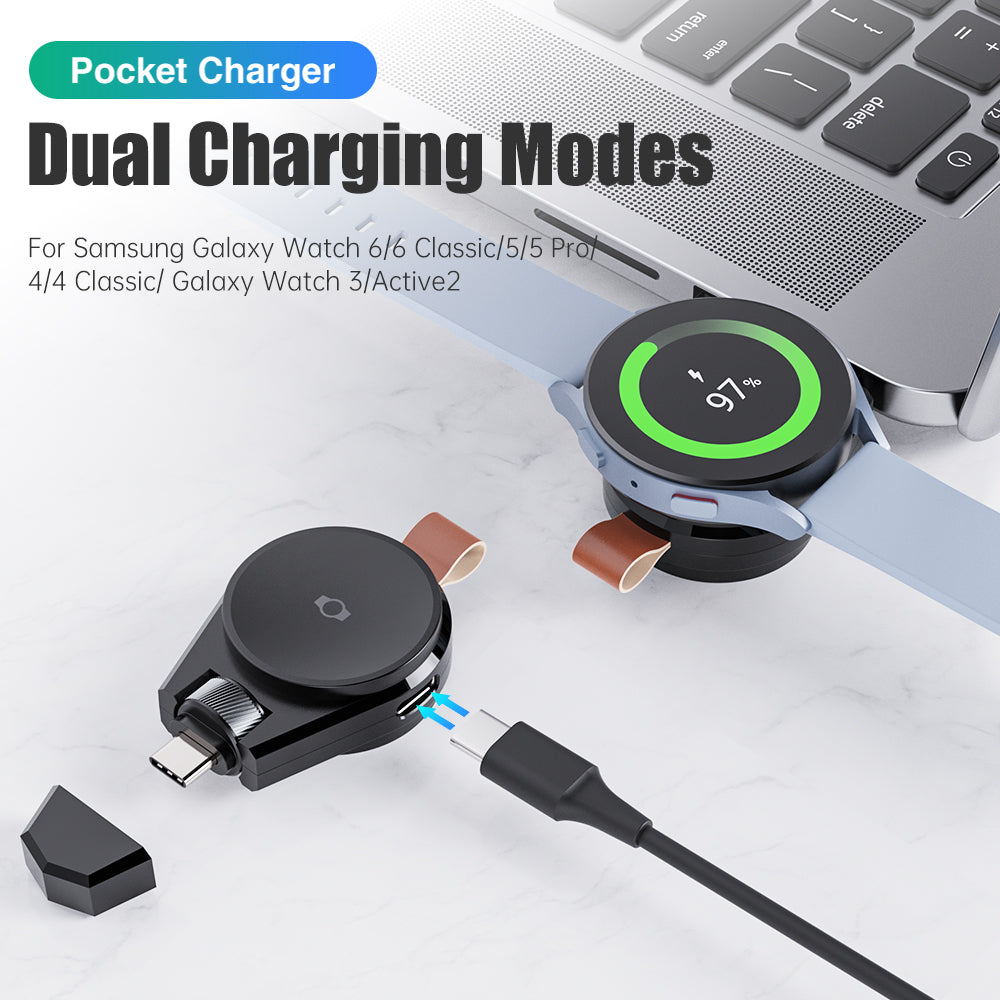 Portable Charger for Samsung Galaxy Watch - 2-in-1 USB-C Travel Charger, Compatible with Galaxy Watch Series, Rotatable Magnetic [OTG], Black