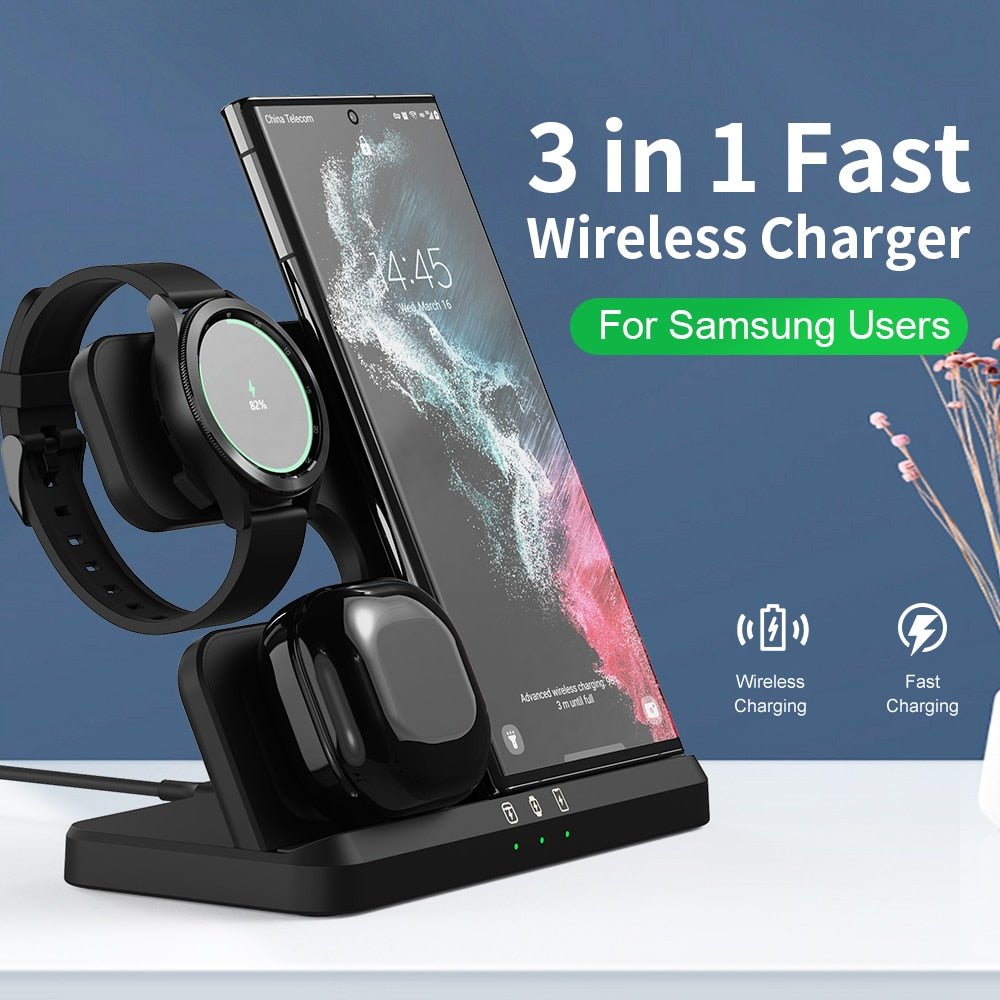 3 in 1 Wireless Charger Stand for Samsung Galaxy S23 S22 21 Ultra S20 30W Fast Charging Dock Station Watch 6 /5 Holder Buds2 Pro - SIKAI CASE