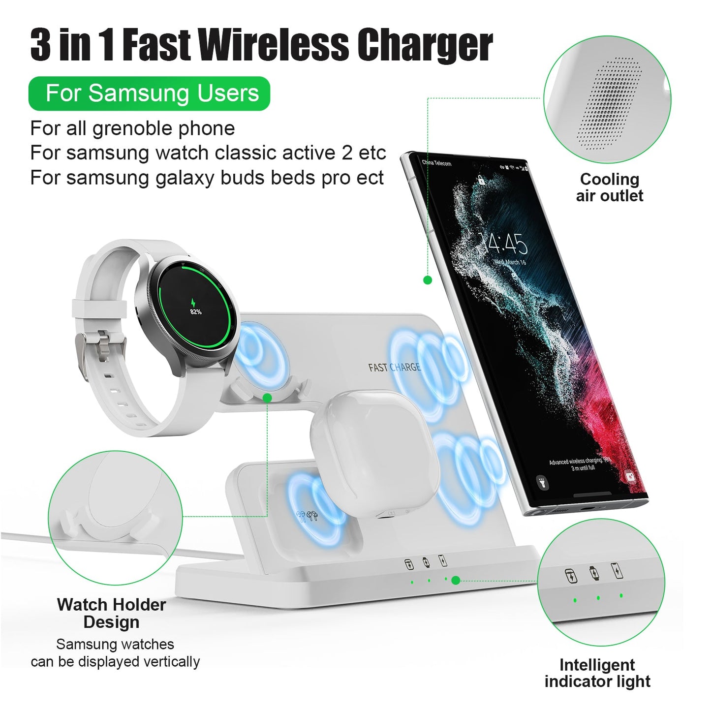 3 in 1 Wireless Charger Stand for Samsung Galaxy S23 S22 21 Ultra S20 30W Fast Charging Dock Station Watch 6 /5 Holder Buds2 Pro - SIKAI CASE