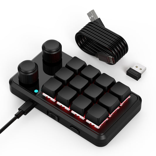 Black 12-key programmable macro keypad with two knobs and cable