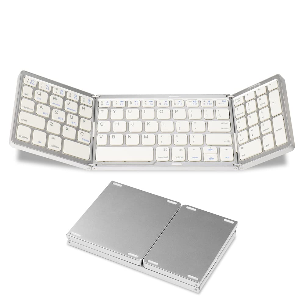 Foldable Bluetooth Keyboard with Numeric Keypad - USB-C Rechargeable, Portable for Laptop, Tablet, iPad, Smartphone (Silver)