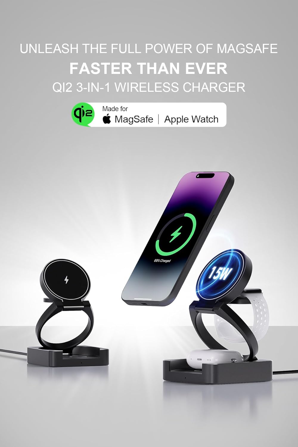 3-in-1 Wireless Charging Station, Qi2-Certified Foldable Travel Charger Stand Compatible iPhone 15/14/13/12, AirPods, Apple Watch S9 Ultra, 25W PD Charger Included