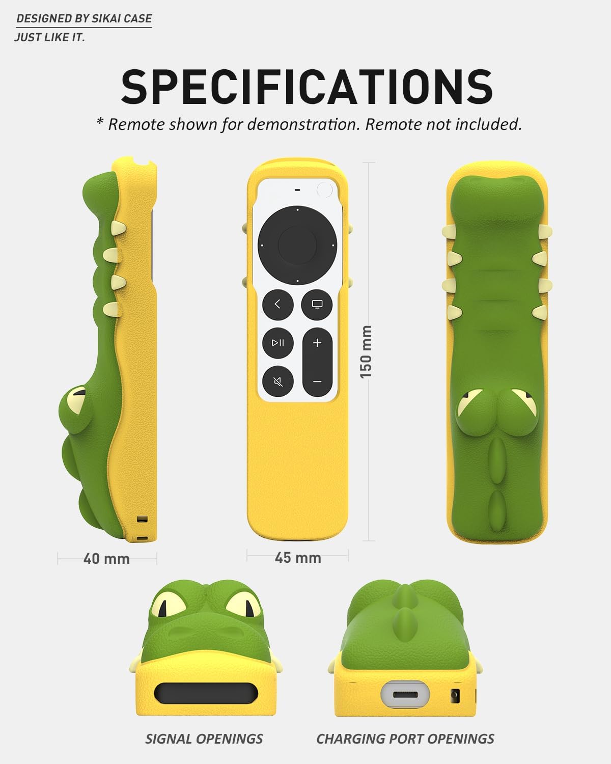 SIKAI Crocodile Shape New Silicone Case Soft Non-slip Anti-drop for Apple TV 4K Siri Remote Protection Cover + Airtag hole