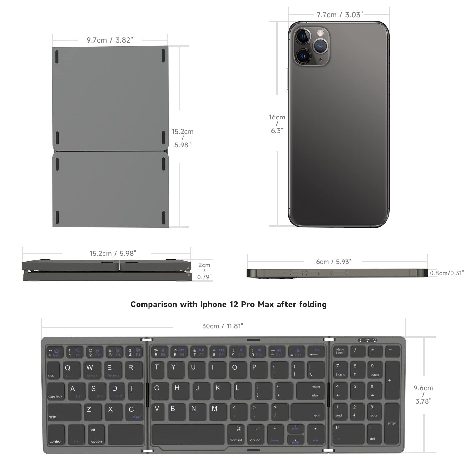 Foldable Bluetooth Keyboard with Numeric Keypad - USB-C Rechargeable, Portable for Laptop, Tablet, iPad, Smartphone (Silver)