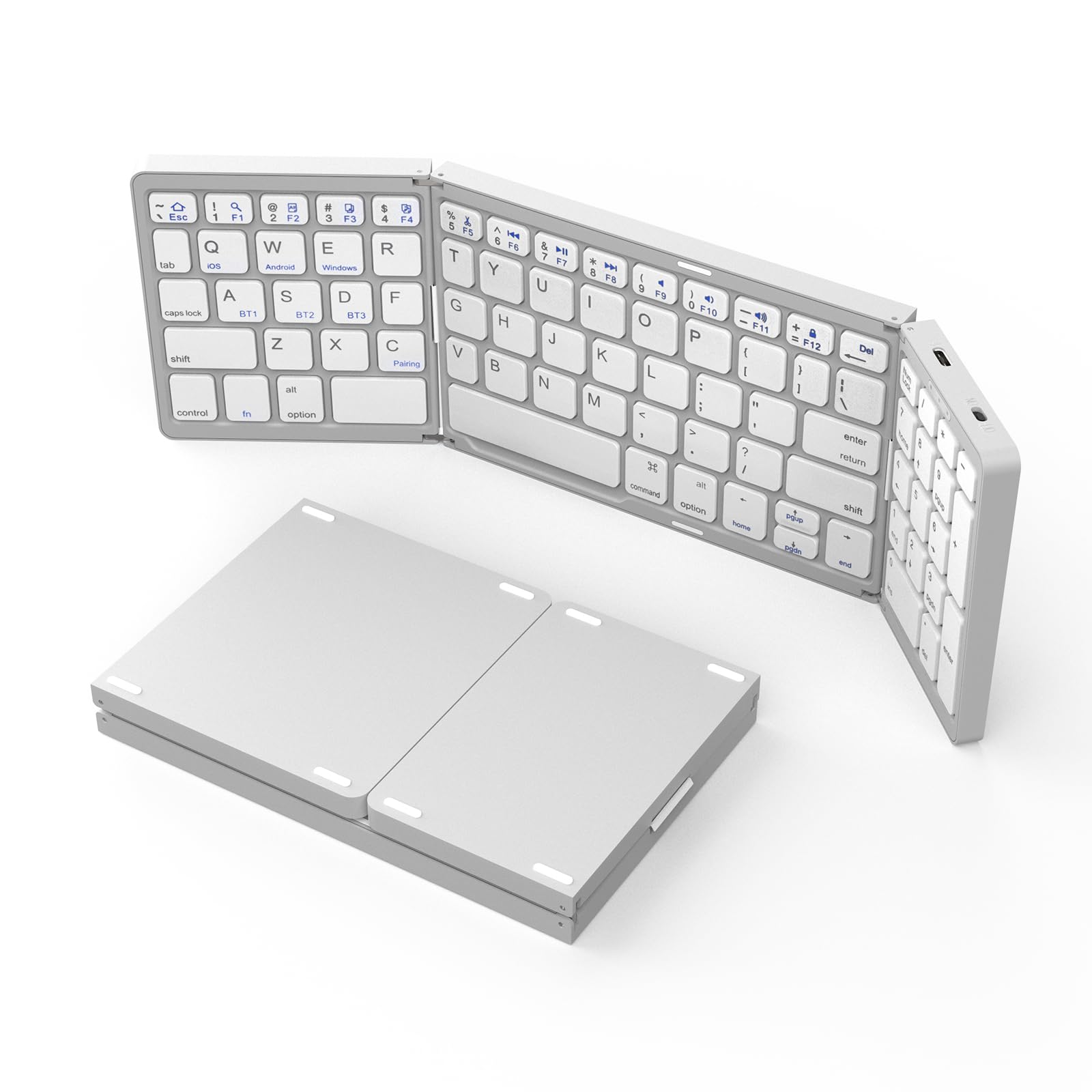 Foldable Bluetooth Keyboard with Numeric Keypad - USB-C Rechargeable, Portable for Laptop, Tablet, iPad, Smartphone (Silver)