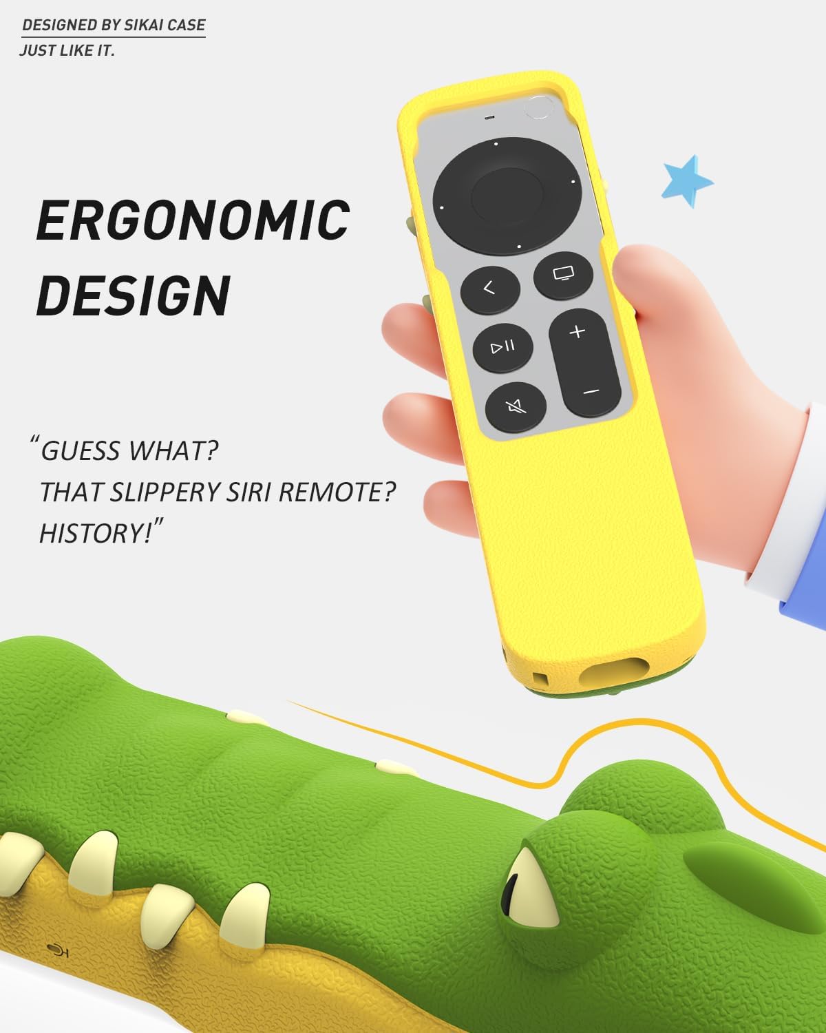 SIKAI Crocodile Shape New Silicone Case Soft Non-slip Anti-drop for Apple TV 4K Siri Remote Protection Cover + Airtag hole