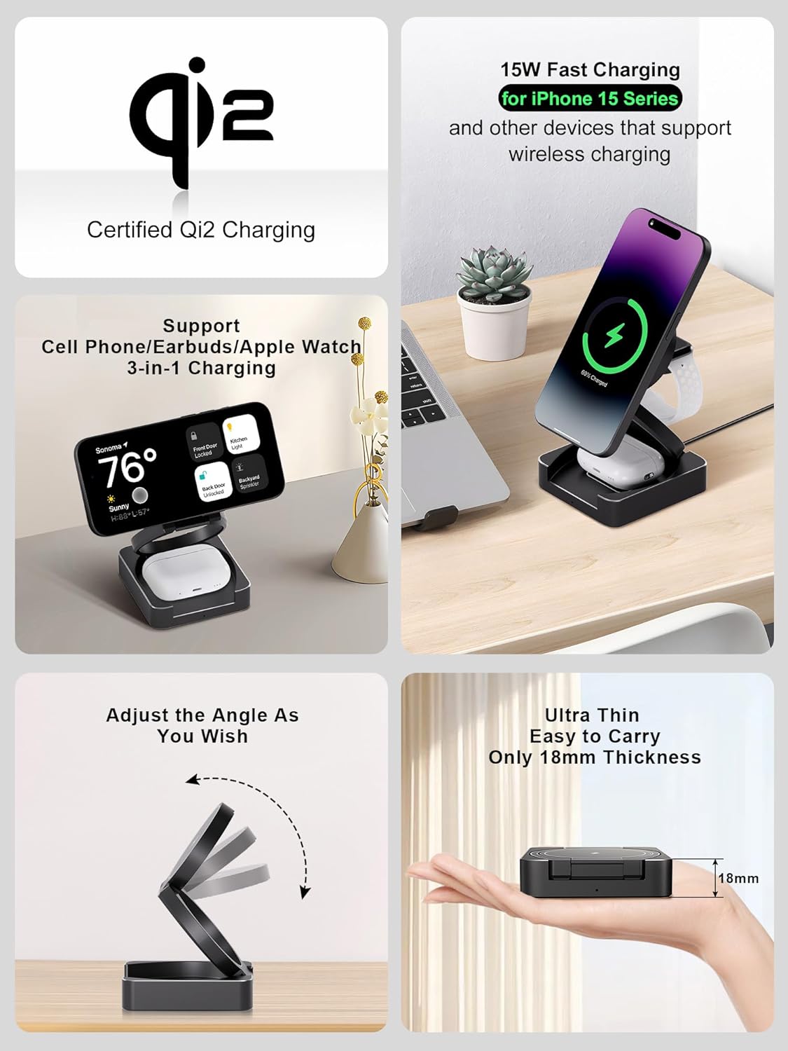 3-in-1 Wireless Charging Station, Qi2-Certified Foldable Travel Charger Stand Compatible iPhone 15/14/13/12, AirPods, Apple Watch S9 Ultra, 25W PD Charger Included