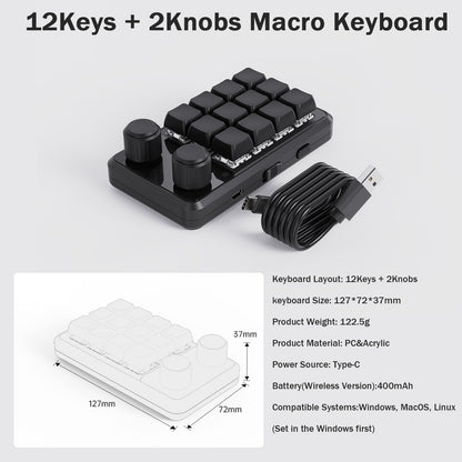 Picokey. One-Handed Macro Mechanical Keyboard - 12 Keys, Fully Programmable, RGB Hotswap for Gaming, OSU, PS, Editing (2.4G, 3-Layer, Black)