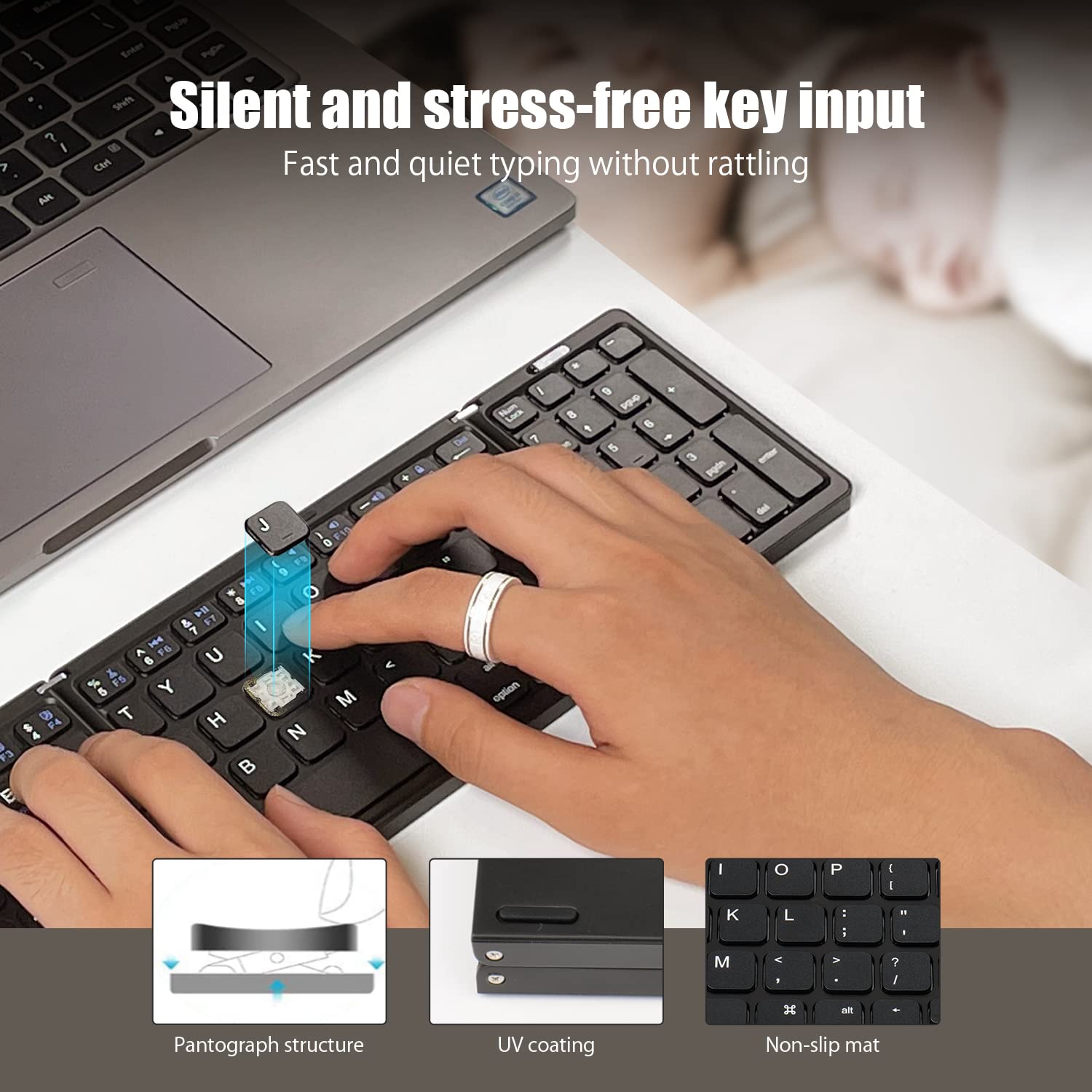 Foldable Bluetooth Keyboard with Numeric Keypad - USB-C Rechargeable, Portable for Laptop, Tablet, iPad, Smartphone (Silver)