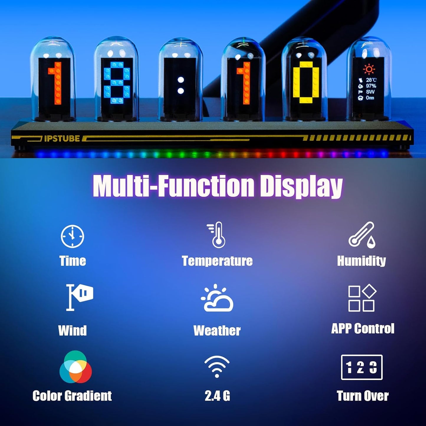 Nixie Tube Clock - IPS Digital Desk Clock, Calendar, Custom Photo Display, Power-Off Memory, Weather Forecast, USB Type-C
