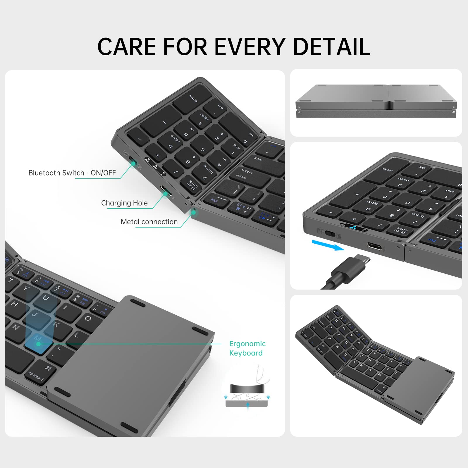 Foldable Bluetooth Keyboard with Numeric Keypad - USB-C Rechargeable, Portable for Laptop, Tablet, iPad, Smartphone (Silver)