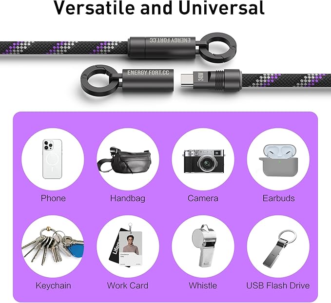 SIKAI CASE USB C Phone Lanyard with Reflective Strip, 240W Fast Charging Cable, Anti-Theft Phone Charging Cord for Travel/Night Cycling