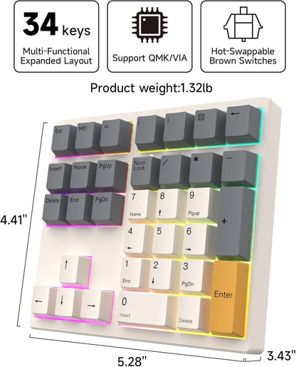 SIKAI CASE 34 Key Mechanical Numpad, Wired Hot Swappable Programmable Number Pad Keyboard USB C 34 Key Numpad for Laptop Edit/PS/Gaming/Data Entry, VIA Support Number Pad for Win, MacBook, PC(RGB)