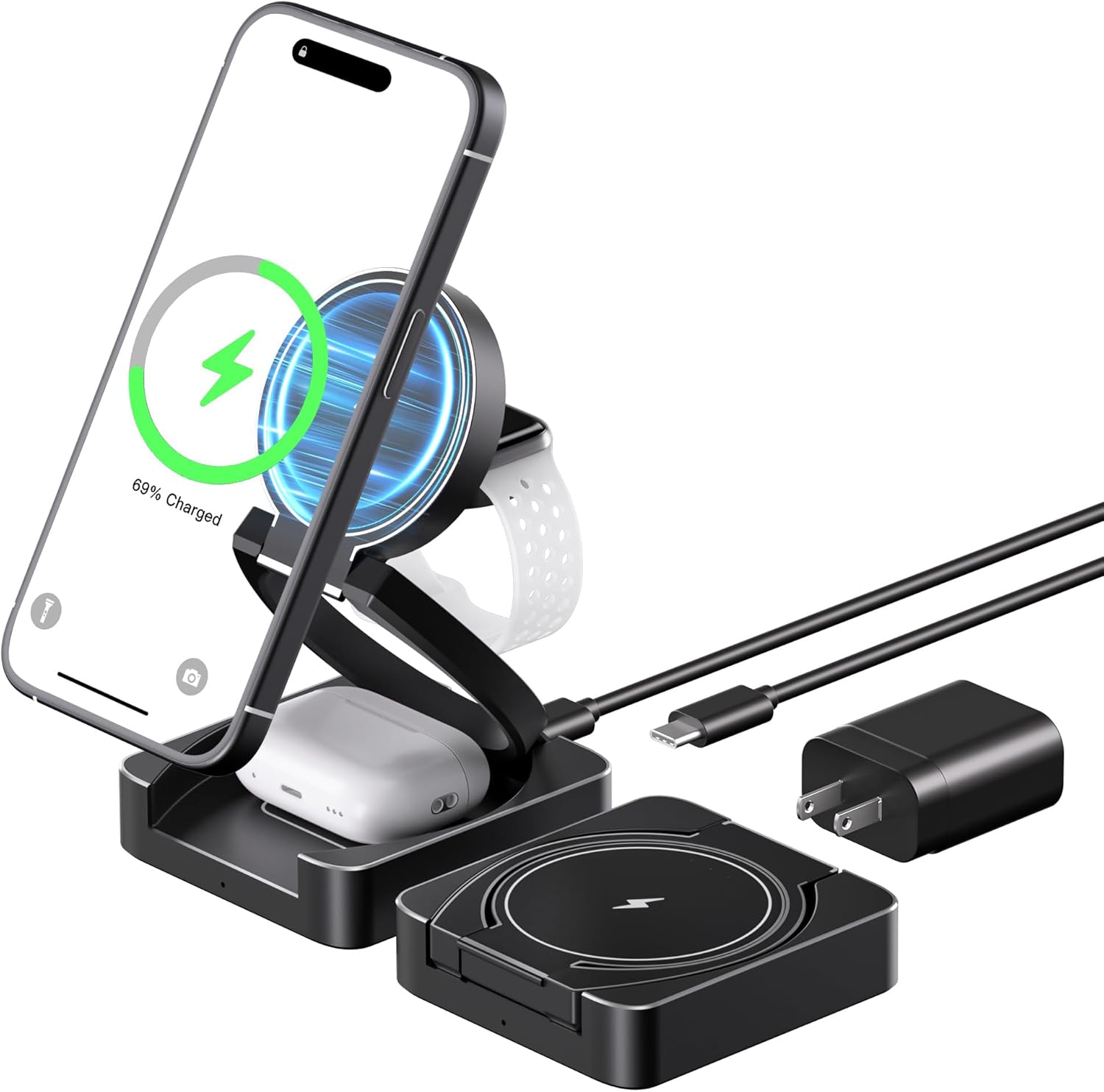 3-in-1 Wireless Charging Station, Qi2-Certified Foldable Travel Charger Stand Compatible iPhone 15/14/13/12, AirPods, Apple Watch S9 Ultra, 25W PD Charger Included