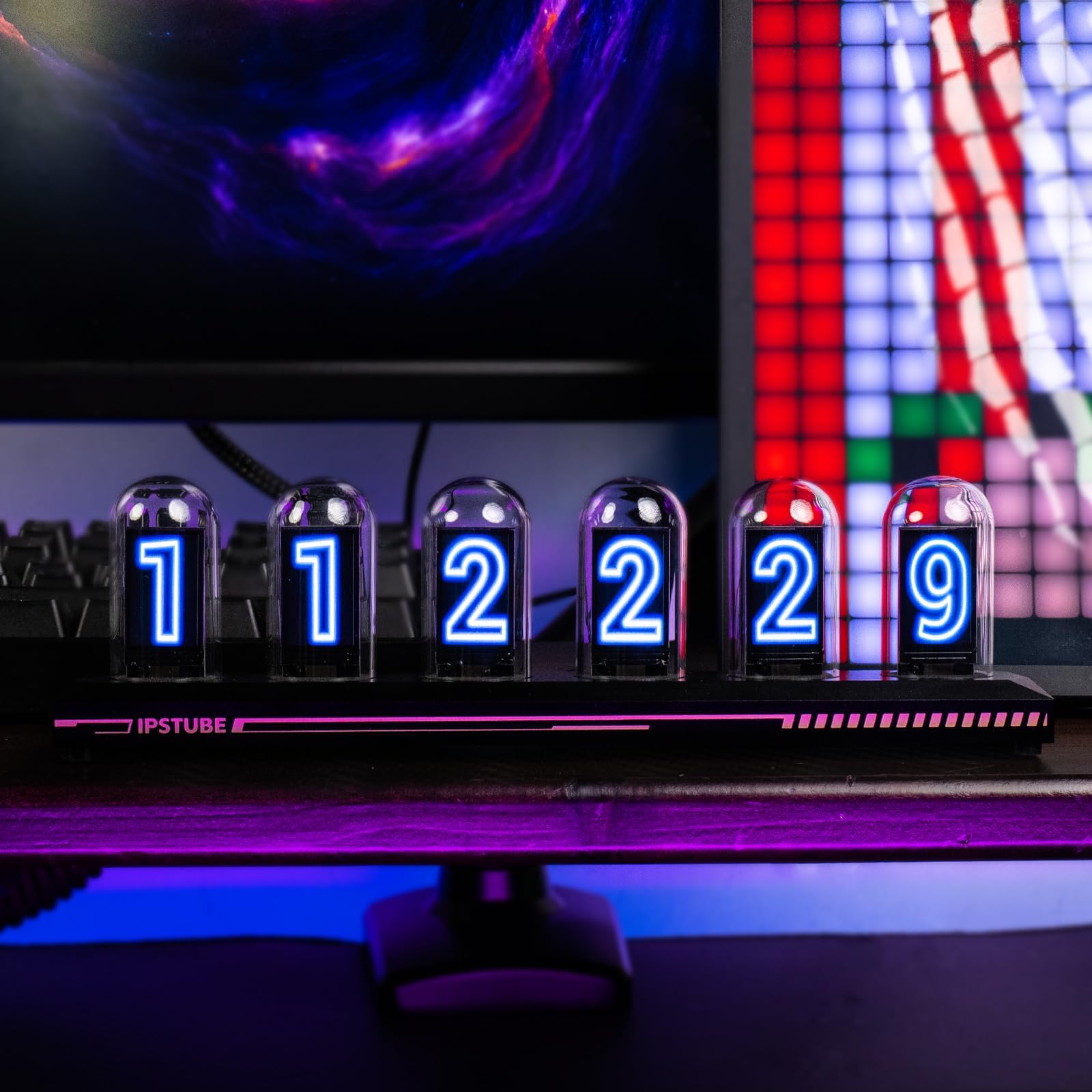 Nixie Tube Clock - IPS Digital Desk Clock, Calendar, Custom Photo Display, Power-Off Memory, Weather Forecast, USB Type-C