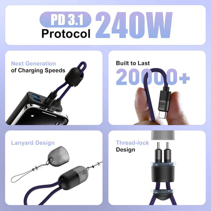 240W USB C Charger Cable, 20cm/7.8inch Short USB Cable Compatible with MacBook Pro, Samsung S25/S24/S23, iPhone 16/15, Type-C Port Devices, Purple