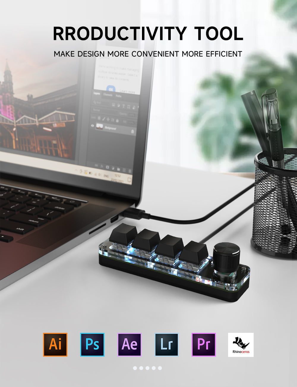 Hot-swappable red switch and RGB lighting details on 4-key macro pad