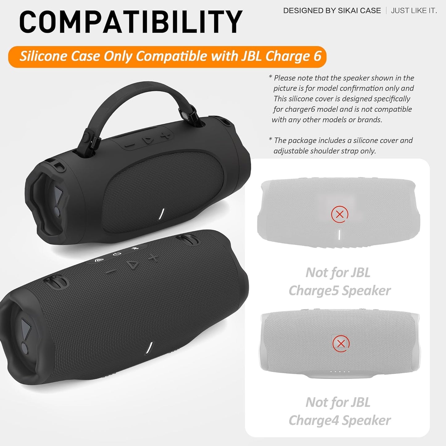 SIKAI CASE Silicone Case Compatible with JBL Charge 6, Portable Speaker Mount with Adjustable Strap & Detachable Shoulder Strap for Bike, Motorcycle, Golf Cart, Boat Railing, Case Only