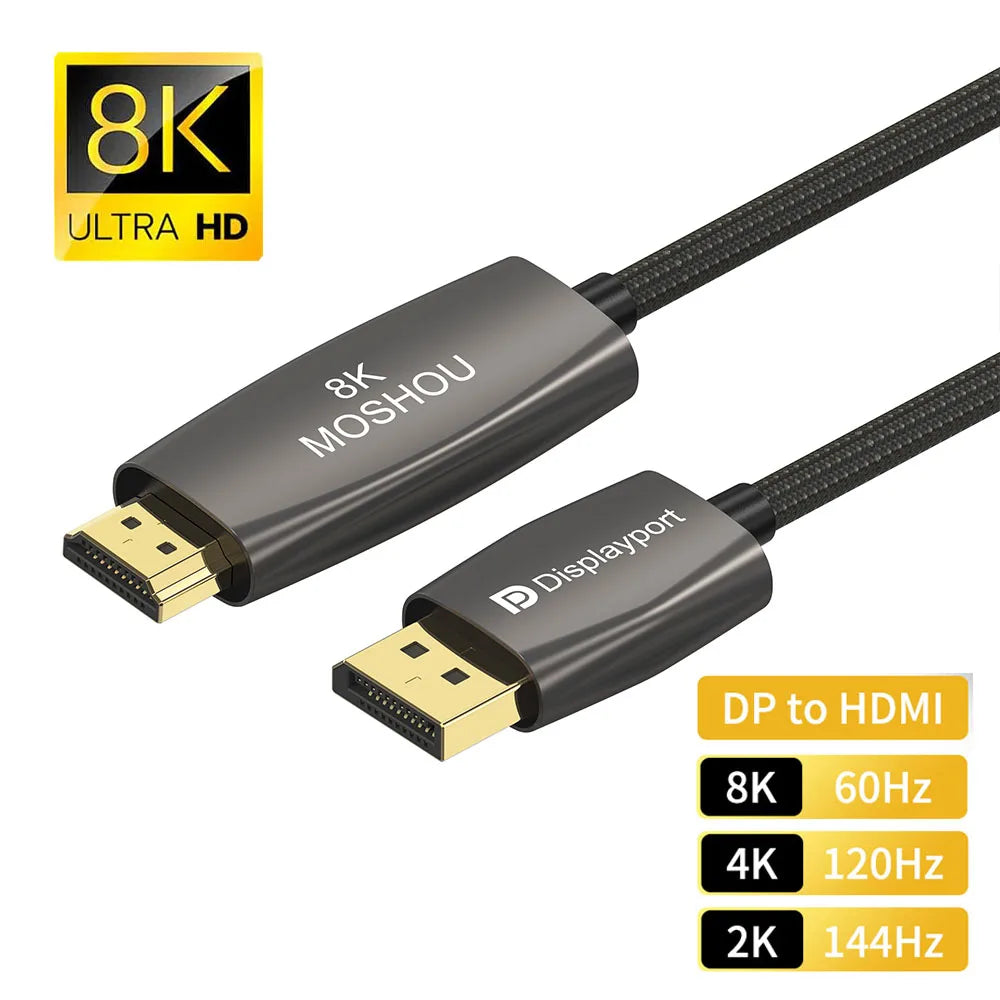 8K DisplayPort to HDMI Cable 6.6ft Uni-Directional DP 1.4 to HDMI 2.1 Cable 32.4Gbps 8K@60Hz 4K@120Hz Adapter for Samsung Dell SIKAI CASE