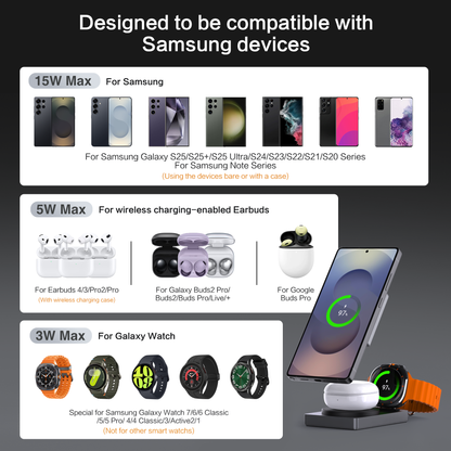 Qi2 Wireless Charger for Samsung, 3 in 1 Wireless Charging Station for Samsung Galaxy S25 S24 Ultra/S23 Ultra/S22/S21/Note 20/Z Flip 6/Fold 6, Charger for Samsung Galaxy Watch Ultra/7/6/5, Galaxy Buds 2/2 Pro