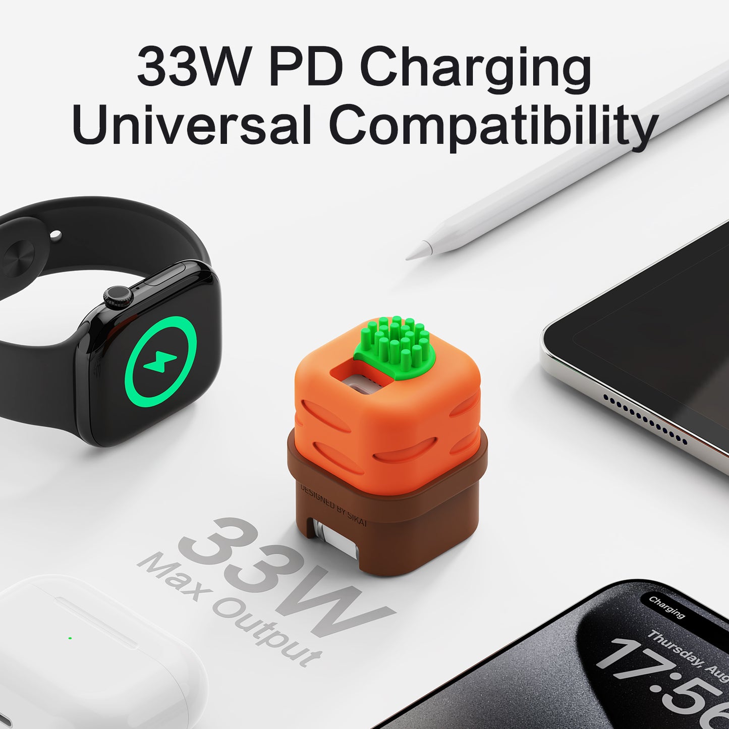 USB C Charger Adapters with Carrot Silicone Case, PD33W Foldable USB C Charger Fast Charging for iPhone 16/15 Series, iPad, Galaxy, Scratch Resistant with Precise Cut-Out