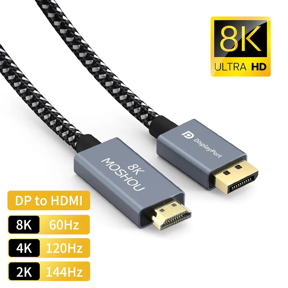 DisplayPort 1.4 to HDMI 2.1 Cable 8K@60Hz 4K@120Hz Mini DP to HDMI HDR Video Cord for Amplifier TV PS4 PS5 RTX3080 NS Projector SIKAI CASE